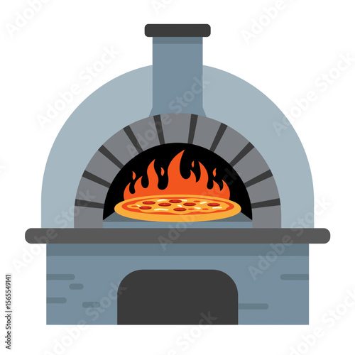 A lit oven with a pizza being prepared inside