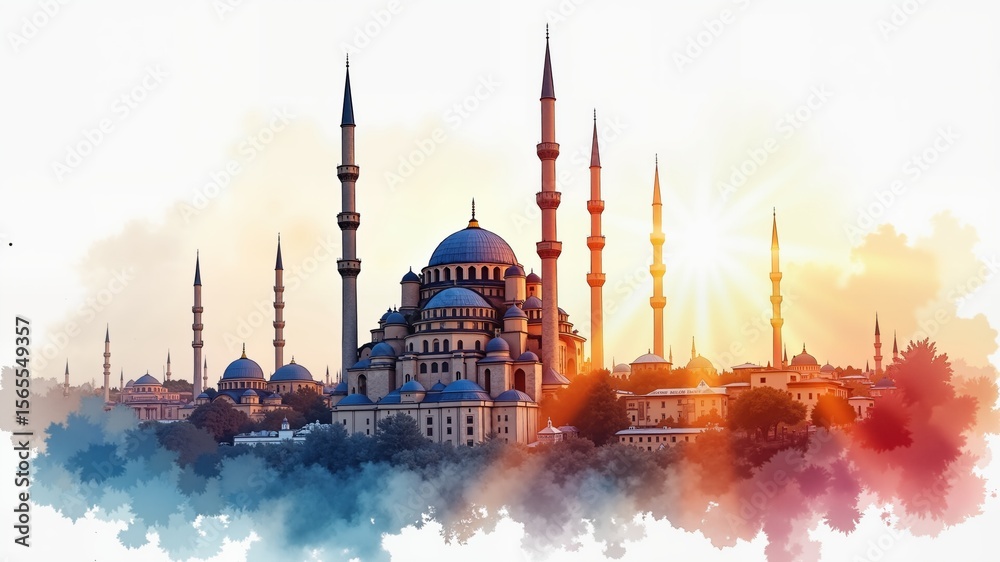 Obraz premium Watercolor cityscape of Turkish mosque 