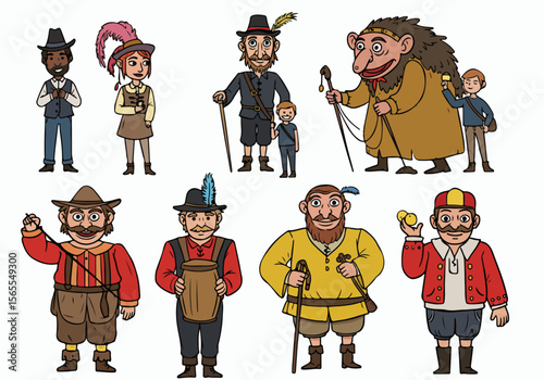 Colorful cartoon illustration set featuring a diverse collection of characters from history, fantasy, and folk tales, including people and a mythical creature.