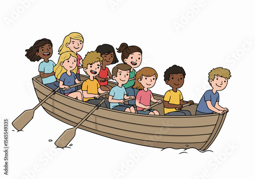 Diverse group of children in a rowboat illustrates teamwork and cooperation in a fun outdoor activity, isolated on white.