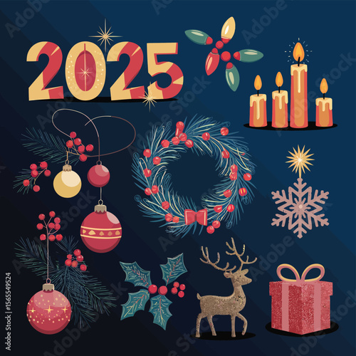 vector Happy New Year Celebrating 2025 in Latin letters , Christmas Decoration Items Santa Claus
