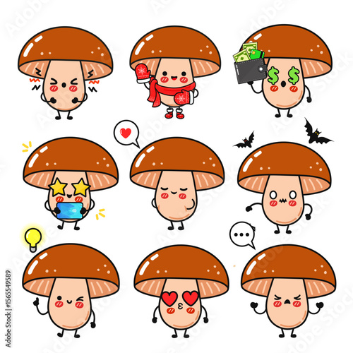 Cute cartoon mushrooms with various expressions, perfect for fun designs and playful concepts.