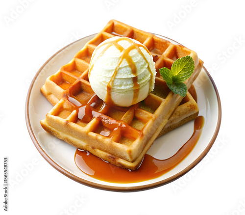 Waffles with ice cream and syrup on a plate isolated on transparent background