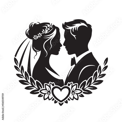 Silhouette of a bride and groom embracing, surrounded by flowers and a heart, isolated on white background