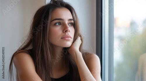Unhappy woman sitting by a window, gazing outside with a melancholic expression. Free Download Unhappy woman sitting by a window, gazing outside with a melancholic expression. - GFXLoad