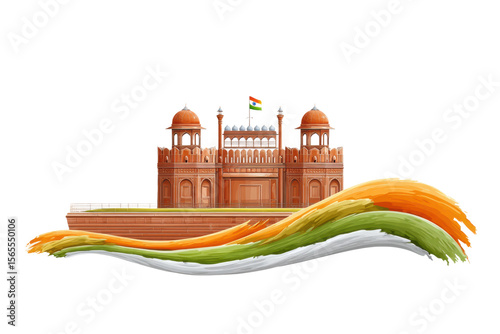PNG Red fort with indian flag and tricolor waves symbolizing independence