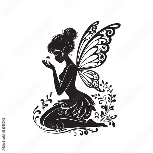 A graceful fairy silhouette kneeling, holding a star, surrounded by flowers, isolated on white background
