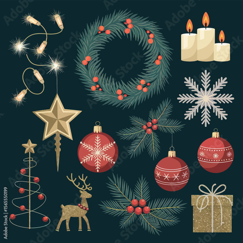 vector Happy New Year Celebrating 2025 in Latin letters , Christmas Decoration Items Santa Claus
