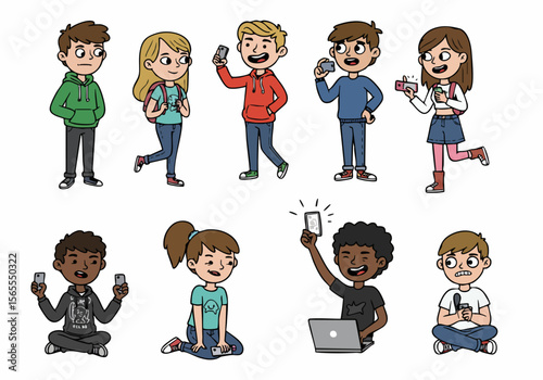 Diverse group of young people using mobile phones and technology, cartoon illustration.