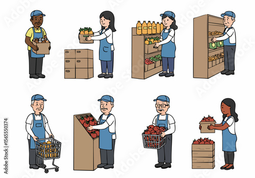 Collection of cartoon illustrations depicting diverse grocery store workers stocking shelves, handling produce, and managing inventory in a market environment.
