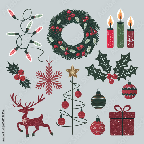 vector Happy New Year Celebrating 2025 in Latin letters , Christmas Decoration Items Santa Claus
