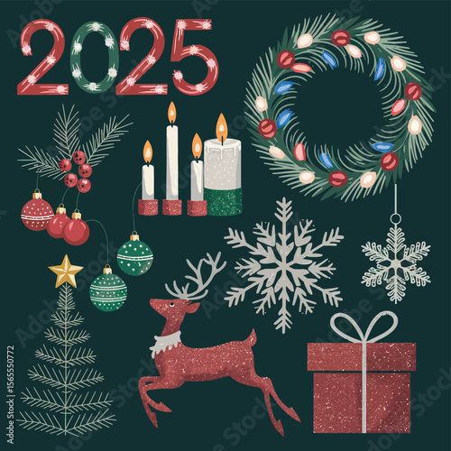 vector Happy New Year Celebrating 2025 in Latin letters , Christmas Decoration Items Santa Claus
