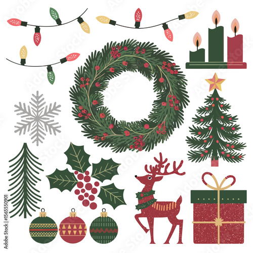 vector Happy New Year Celebrating 2025 in Latin letters , Christmas Decoration Items Santa Claus
