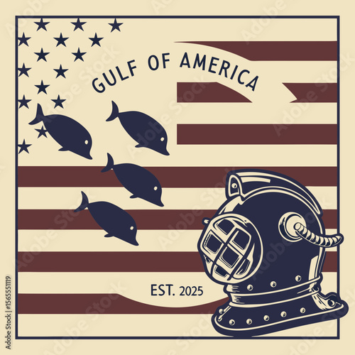 Vintage Diver Helmet with Marine Life on American Flag Background
