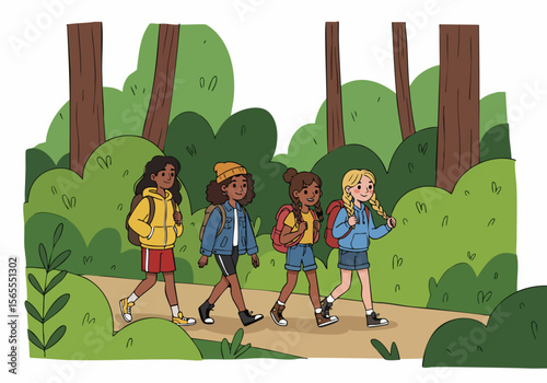Diverse group of happy young girls with backpacks hiking together on a nature trail through a sunny forest.