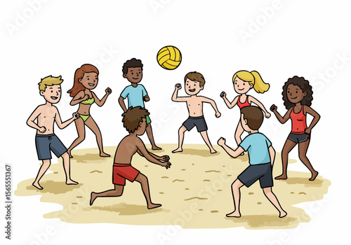 Cartoon illustration of diverse young people having fun playing beach volleyball together on sand.