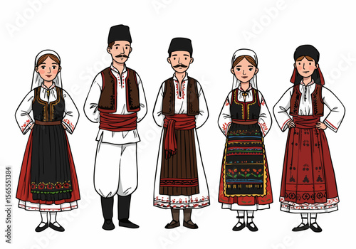 Illustration of group wearing traditional Balkan and Eastern European folk costumes, representing cultural heritage and ethnic diversity.