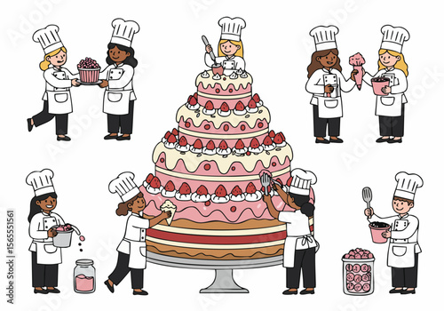 Diverse group of bakers working together to decorate a large multi-tiered strawberry cake illustration.