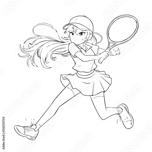 A female tennis player jumps dynamically during a serve, shown in a black and white line drawing, isolated on white background