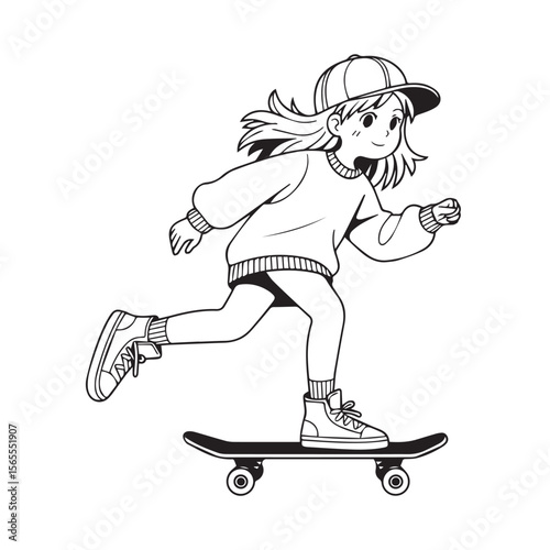 A girl with long hair wearing a cap and sweatshirt is skateboarding, isolated on white background