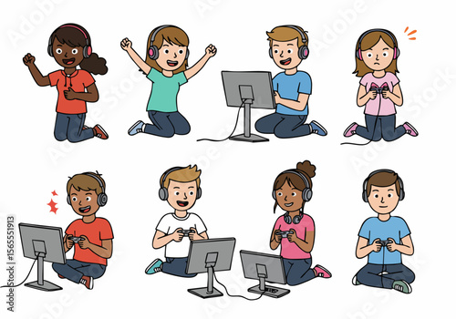 Diverse group of kids and teenagers playing video games, showing various emotions from excitement to frustration.