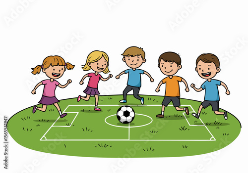 Happy children playing soccer together on a green grass field, a cheerful illustration of childhood sports and fun.