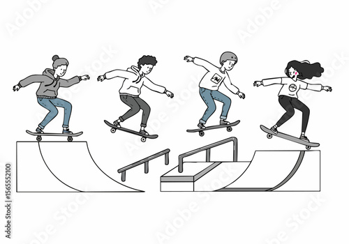 Diverse group of young skateboarders practicing tricks on ramps and rails at a skatepark, hand-drawn illustration.