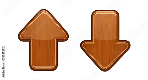Wooden up and down arrow vector graphics for direction navigation and ui design elements in brown color theme