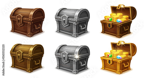 Treasure chest vector illustration, pirate chest, wooden chest, gold coins, gems, treasure hunt, loot box 3d art