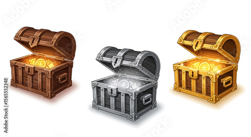 Treasure chest vector illustration, cartoon treasure chest, gold coins, silver coins, wooden chest illustration