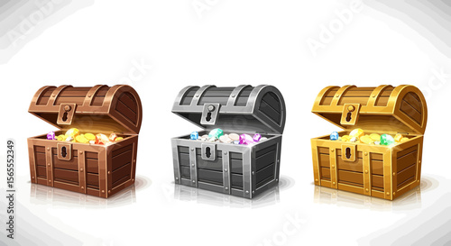 Treasure chest vector illustration, open treasure chest with gold coins and gems, pirate treasure chest vector art