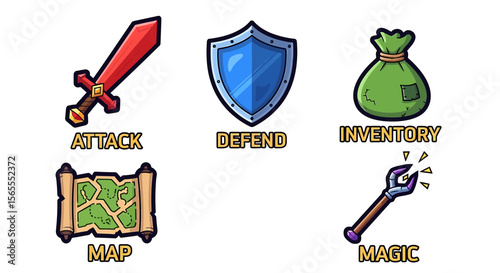 Cartoon game assets pack sword shield map magic inventory for rpg games and app development resources