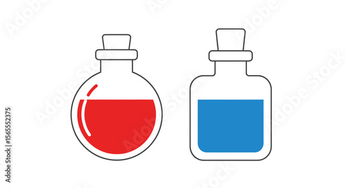 Potion bottles vector graphic illustration for alchemy and chemistry with red and blue liquid concept art