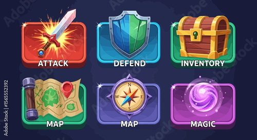 Game ui elements attack defend inventory map magic icons for rpg games and mobile app user interface design