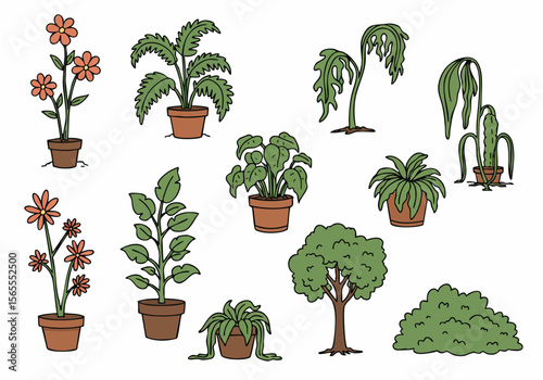 Hand-drawn cartoon illustration set of various potted plants, trees, and bushes, some healthy, some wilting, isolated on white background.
