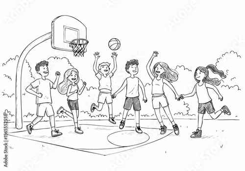 Illustration of a group of happy children playing basketball together on an outdoor court, showing action and fun.