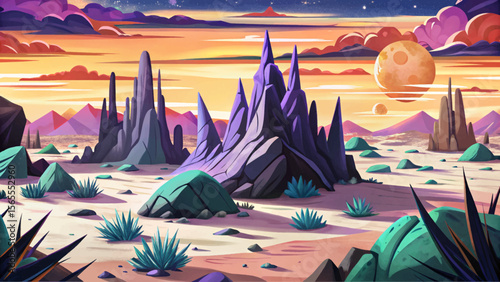 alien desert with jagged spiked rocks and a glowing purple sky cartoon perfect for sci-fi or fantasy game backgrounds, concept art, and world-building projects