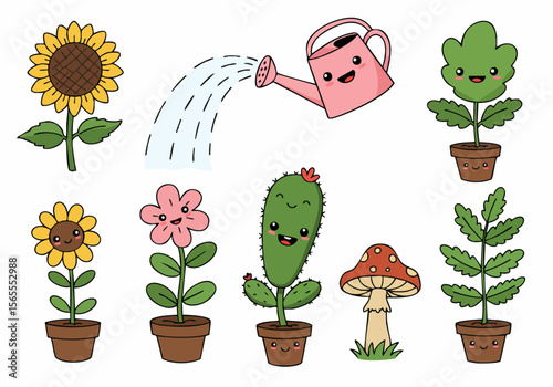 Cute cartoon potted plants and watering can characters set with happy smiling faces, isolated on white background vector illustration.