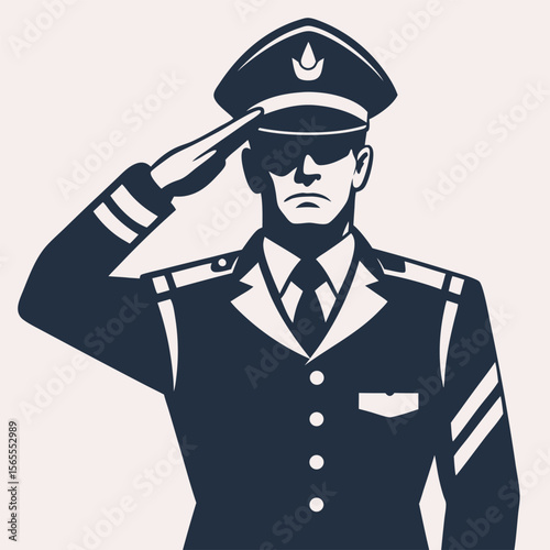 Vector illustration of a uniformed officer saluting with a serious expression on his face