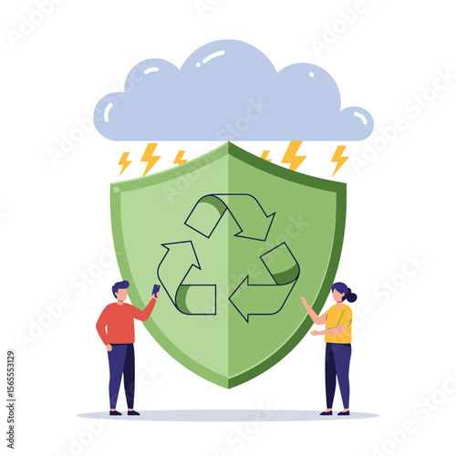 Cartoon shows a recycling symbol on a shield under a cloud with lightning with people on either side