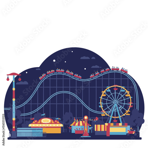 Cartoon amusement park at night with a roller coaster and Ferris wheel