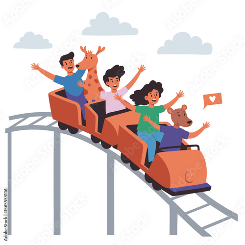 A roller coaster with four people and two anthropomorphic animal figures rides down a track