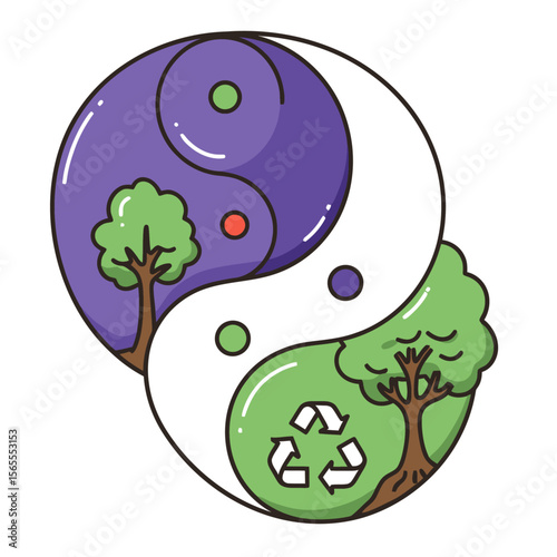 A yinyang symbol integrating nature a tree  recycling icon in greenpurple halves with small circles