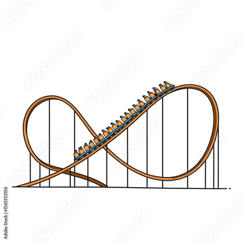 A roller coaster with orange tracks and black supports filled with blue cars and small figures