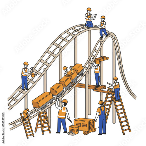 A roller coaster being built by construction workers with their tools