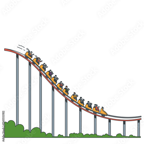 A rollercoaster with people descending a steep hill above shrubbery