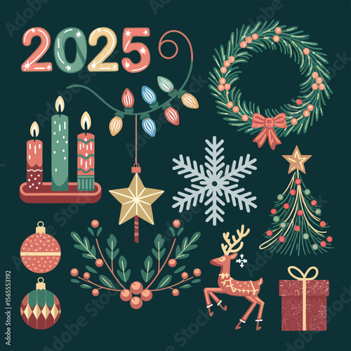 vector Happy New Year Celebrating 2025 in Latin letters , Christmas Decoration Items Santa Claus
