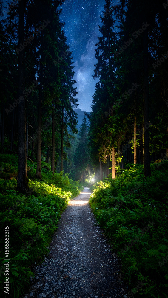 Obraz premium Night forest path with starlit sky.