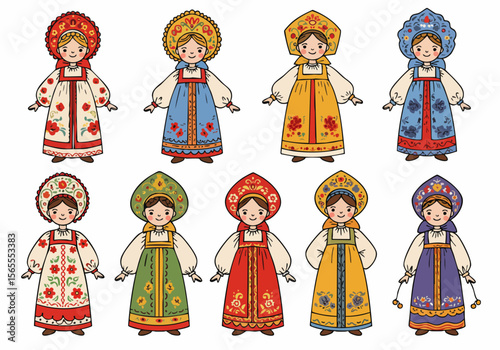 Collection of cute cartoon Russian dolls in traditional folk costumes and kokoshniks