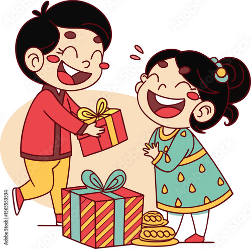 festival gift exchange indian boy girl cartoon